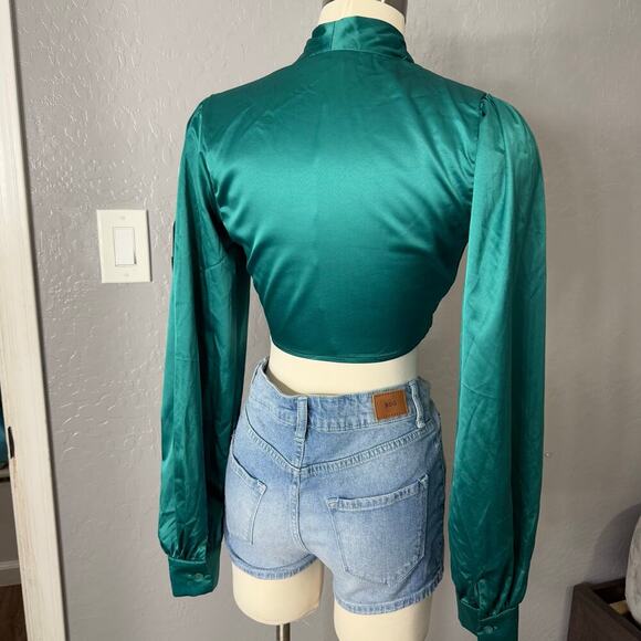 Spring Haze Los Angeles Silk Long Sleeve V Neck Blouse, Green, S - Picture 2 of 3